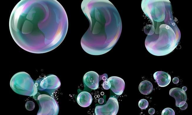 Vector 3d soap transparent bubbles in the deformation. Water spheres, realistic balls, soapy balloons, soapsuds. Glossy foam aqua, realistic bright abstract illustration.